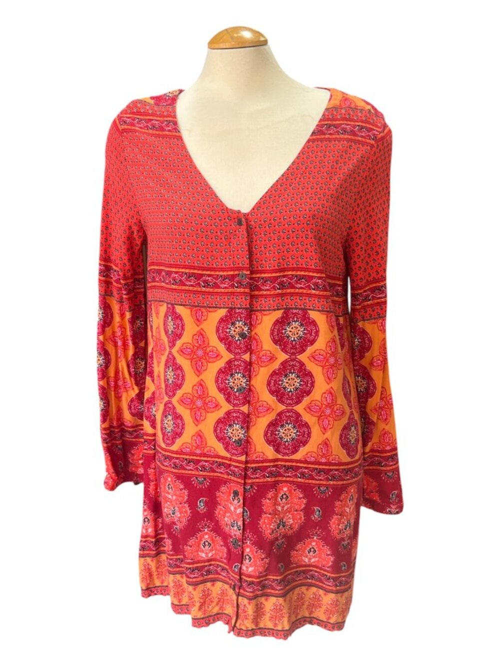 MINKPINK Folktale Smock Dress Orange Red Mosaic Sz L Bohemian Plunge Neck